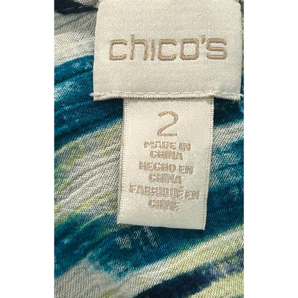 Chicos Top Womens Large 2 Blue Green Colorful Ikat Back Detail Bell Sleeve Rayon - Picture 8 of 11